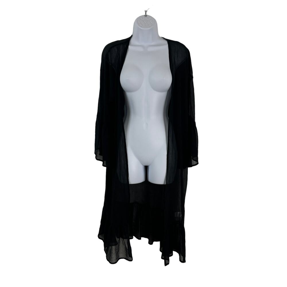 Free Press Black Sheer Swim Coverup – Silky Open Front – One Size